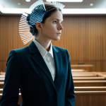 A thoughtful female professional in a modest business suit, standing in a clean, minimalist courtroom. Abstract, translucent shards of light and data swirl around her head, symbolizing fragmented memories and cognitive bias. The background features a subtle, out-of-focus legal scale. The overall atmosphere is contemplative and serious. Perfect anatomy, correct proportions, natural pose, well-formed hands, proper finger count, natural body proportions. Fully clothed, appropriate attire, professional dress, safe for work, appropriate content, family-friendly, high quality, professional photography, cinematic lighting.