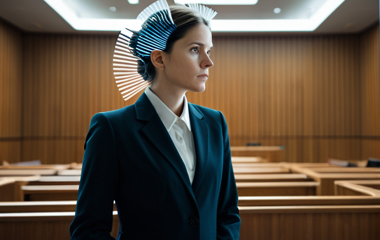 A thoughtful female professional in a modest business suit, standing in a clean, minimalist courtroom. Abstract, translucent shards of light and data swirl around her head, symbolizing fragmented memories and cognitive bias. The background features a subtle, out-of-focus legal scale. The overall atmosphere is contemplative and serious. Perfect anatomy, correct proportions, natural pose, well-formed hands, proper finger count, natural body proportions. Fully clothed, appropriate attire, professional dress, safe for work, appropriate content, family-friendly, high quality, professional photography, cinematic lighting.