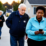 Community Patrol**

"A diverse group of fully clothed community members, including seniors and young adults, participating in a neighborhood watch patrol at dusk. They are walking on a well-lit street with modest homes in the background. One member is using a smartphone app. Safe for work, appropriate content, professional, perfect anatomy, correct proportions, well-formed hands, proper finger count, natural pose."

**