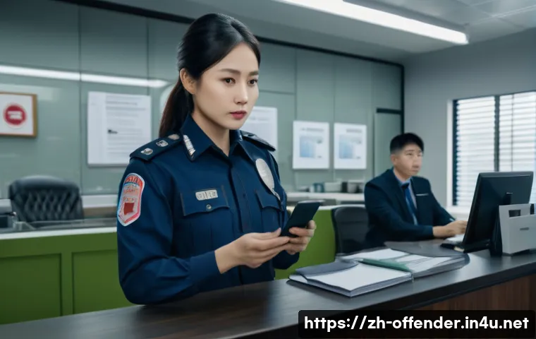 범죄 피해자의 법적 대응 절차 - A modern police station interior scene showing a calm, composed adult Asian woman reporting a crime ...