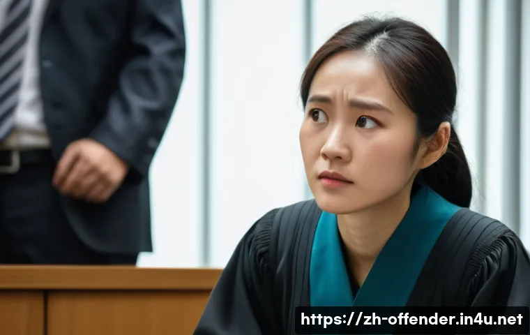 범죄 재판에서 피해자의 진술 영향력 - A courtroom scene showing a female victim in her mid-30s wearing modest professional attire, sitting...