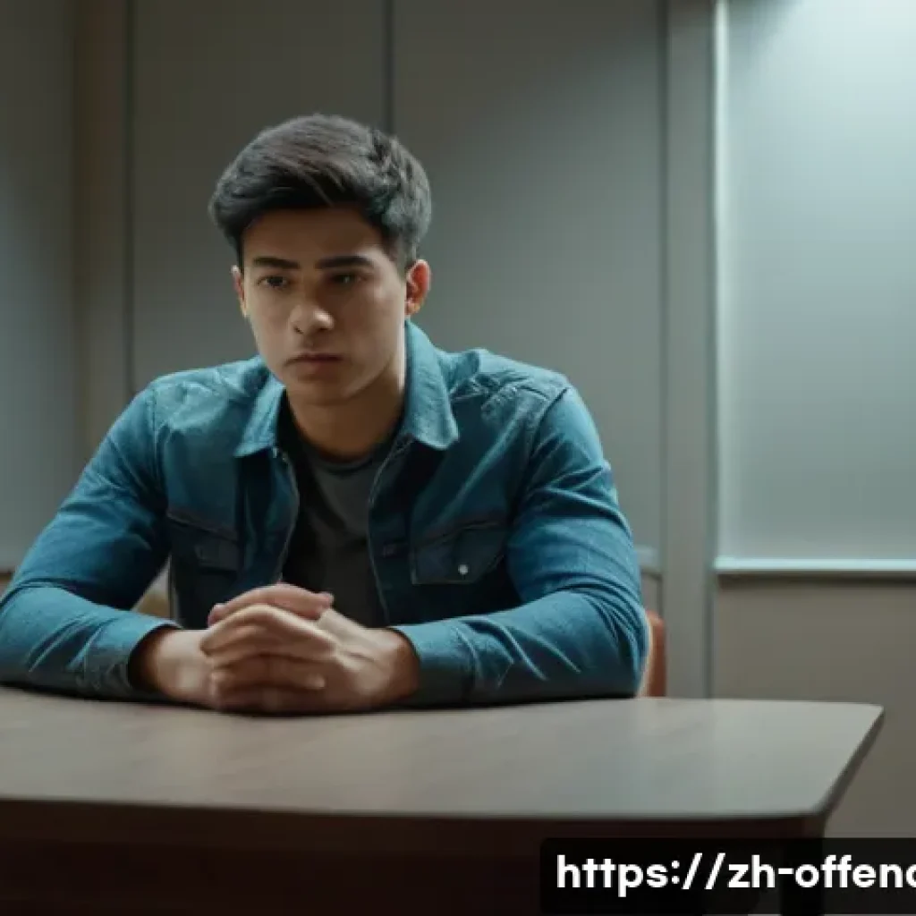 강력범죄 피의자의 자백 심리 - A detailed scene of a modern interrogation room showing a young adult suspect sitting tensely at a t...