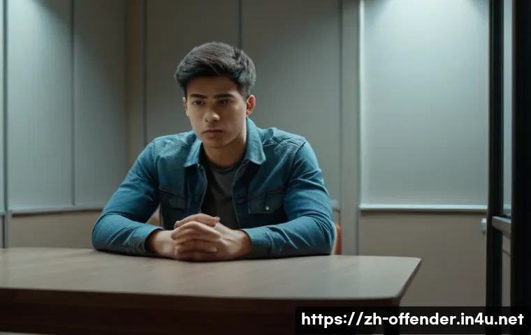 강력범죄 피의자의 자백 심리 - A detailed scene of a modern interrogation room showing a young adult suspect sitting tensely at a t...