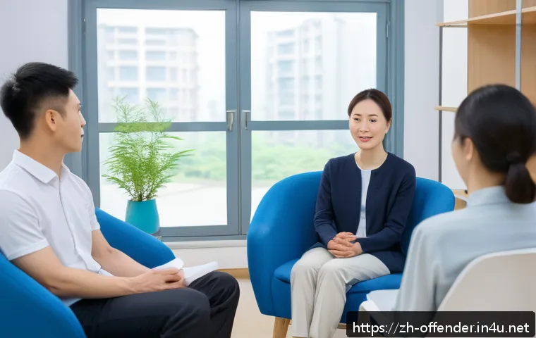 가정폭력 가해자의 재범 방지 프로그램 - A detailed scene showing a calm, modern counseling room where a male domestic violence perpetrator i...