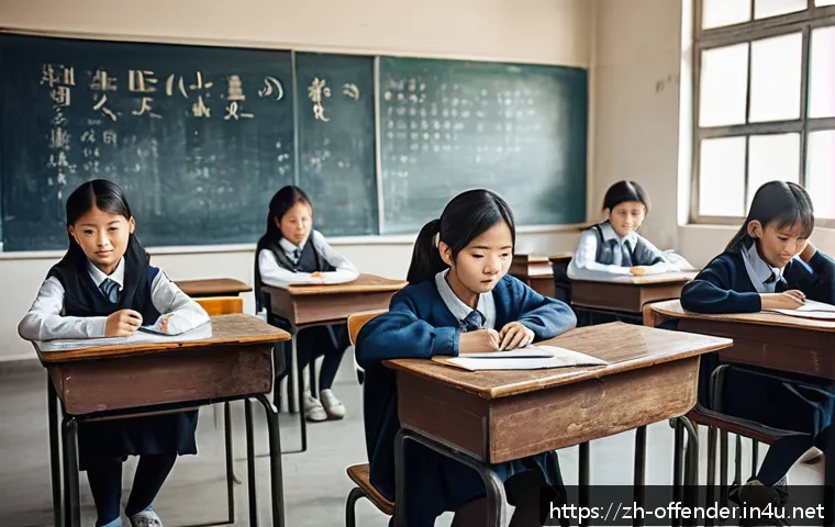 범죄자의 학력과 범죄 연관성 연구 - A detailed urban school classroom scene illustrating educational inequality: show a group of diverse...