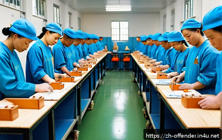 유명 범죄자의 교도소 생활 - A detailed scene inside a modern prison workshop where inmates wearing clean, simple uniforms and pr...