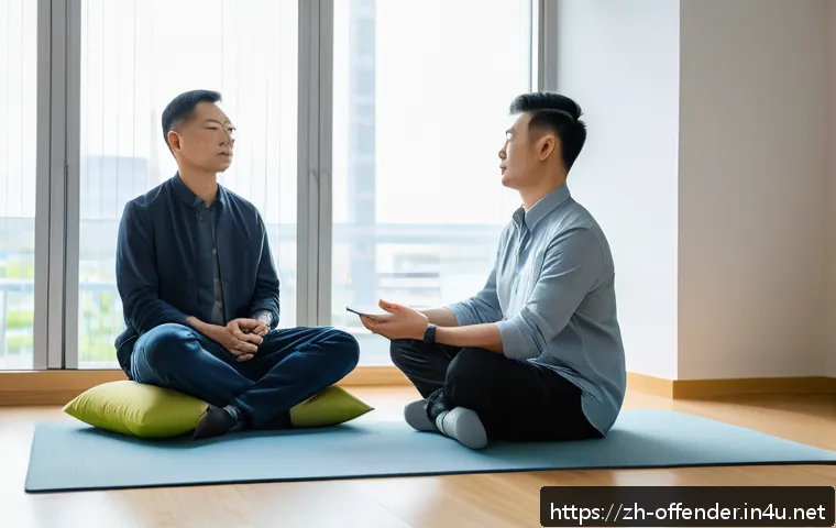 범죄 가해자 심리치료 효과 연구 - A professional psychologist conducting a mindfulness therapy session with a male adult criminal pati...
