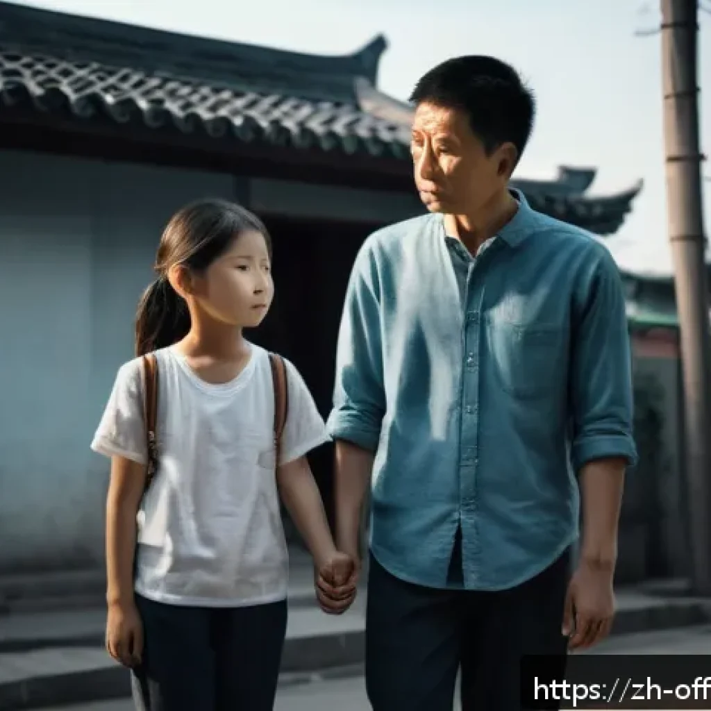 강력범죄자의 가족 인터뷰 사례 - A somber, realistic urban scene depicting a family of three—mother, father, and a young child wearin...