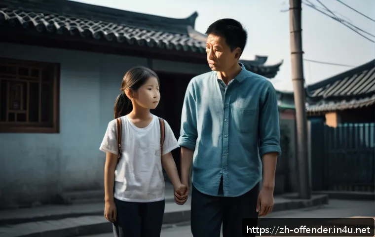 강력범죄자의 가족 인터뷰 사례 - A somber, realistic urban scene depicting a family of three&mdash;mother, father, and a young child wearin...
